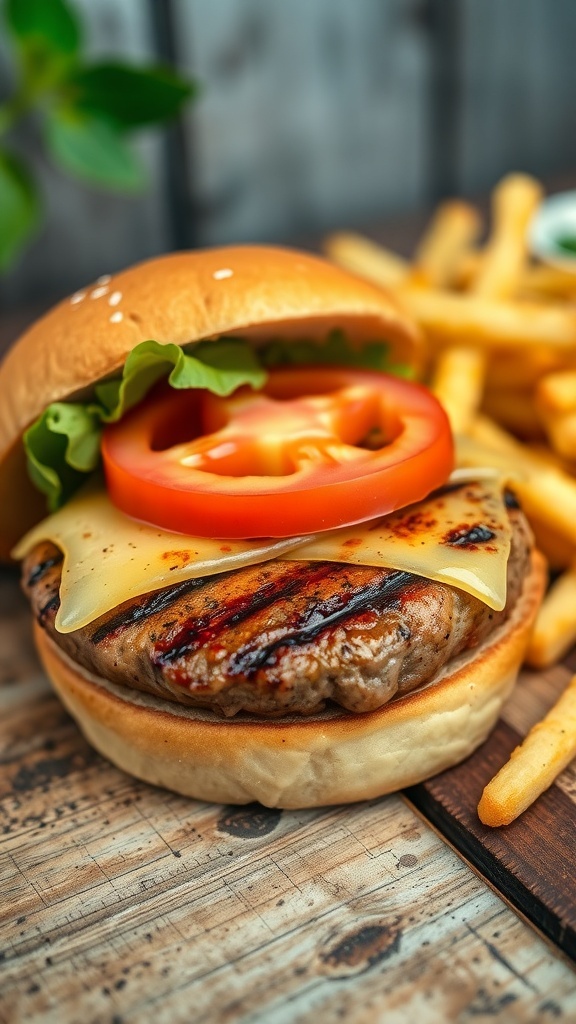Juicy grilled hamburger patty on a bun with lettuce, tomato, and cheese, served with fries.
